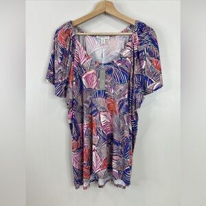 Spense Women’s 2X Blue Purple Multicolor Tropical Leaf Print Short Sleeve Blouse